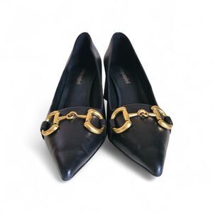 jeffrey campbell happy hour pointed-toe pumps in black leather gold-tone 6.5